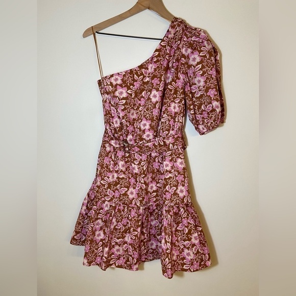 NEW Jason Wu One Shoulder Puff Sleeve Floral Belted Mini Dress Pink Tan Small - Picture 3 of 10